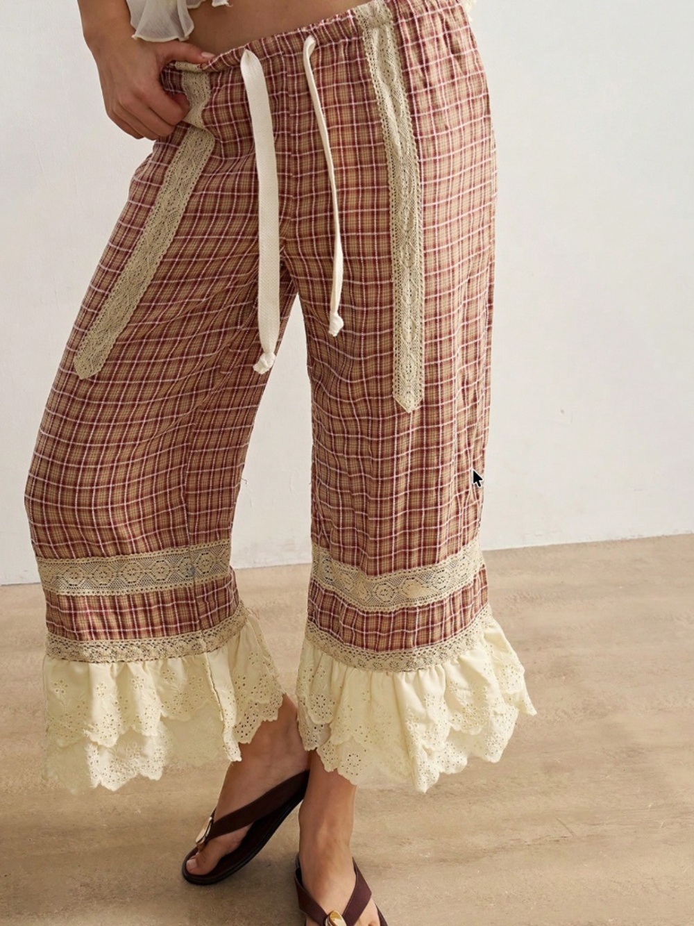 Boho Plaid print Eyelet Double Ruffe Stretchy Waist Bloomer Pants - Picture 3 of 4